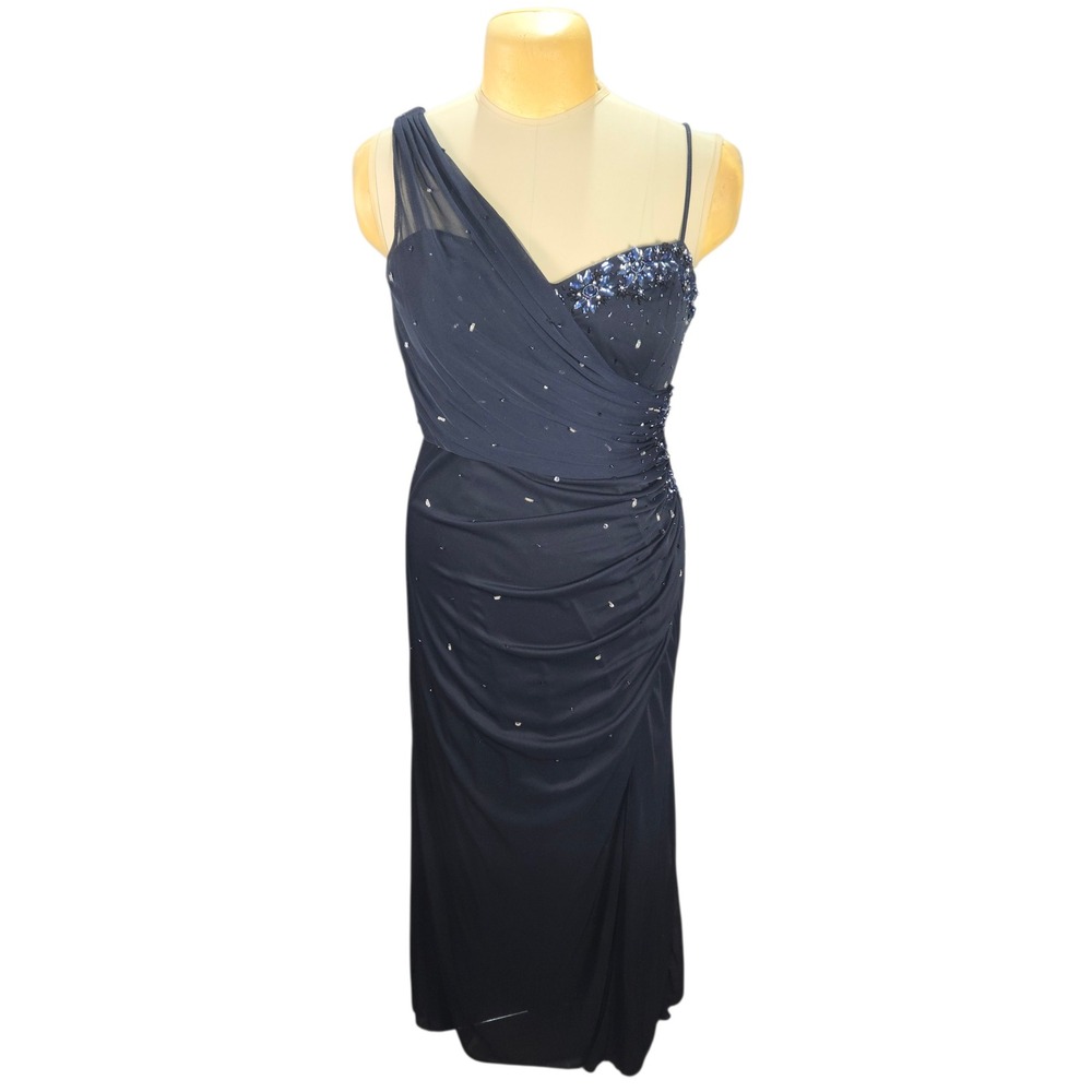 Xscape by Joanna Chen Navy Blue One‎ Shoulder Beaded Gown Womens Size 16 Formal